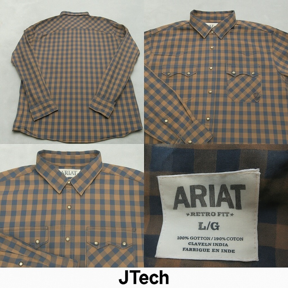 Ariat Shirt Men Large Brown Retro Fit Pearl Snap Blue Plaid Cotton Button Up